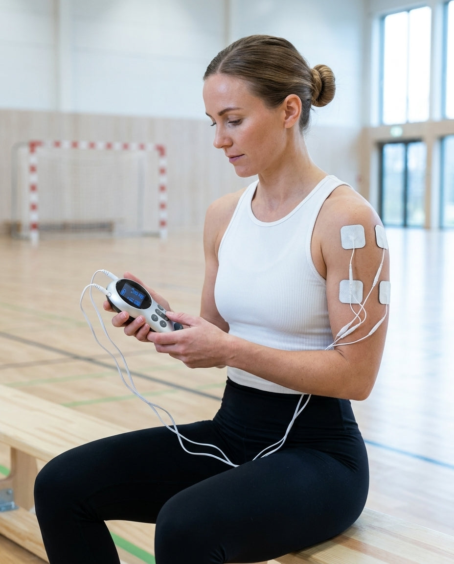 Kvinne bruker Oxivita Pulse T1 EMS-apparat med elektroder på overarm og skulder etter trening i idrettshall