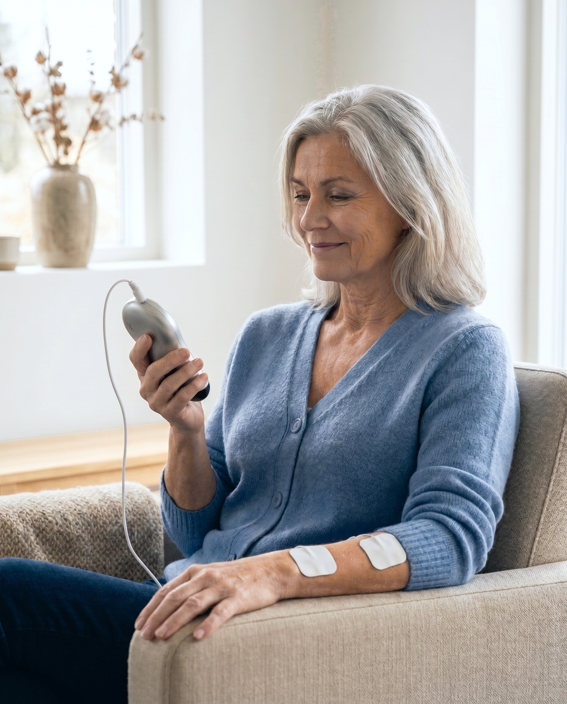 Eldre kvinne bruker Oxivita Pulse T1 TENS-apparat med elektrode på underarmen mot smerter i lenestol