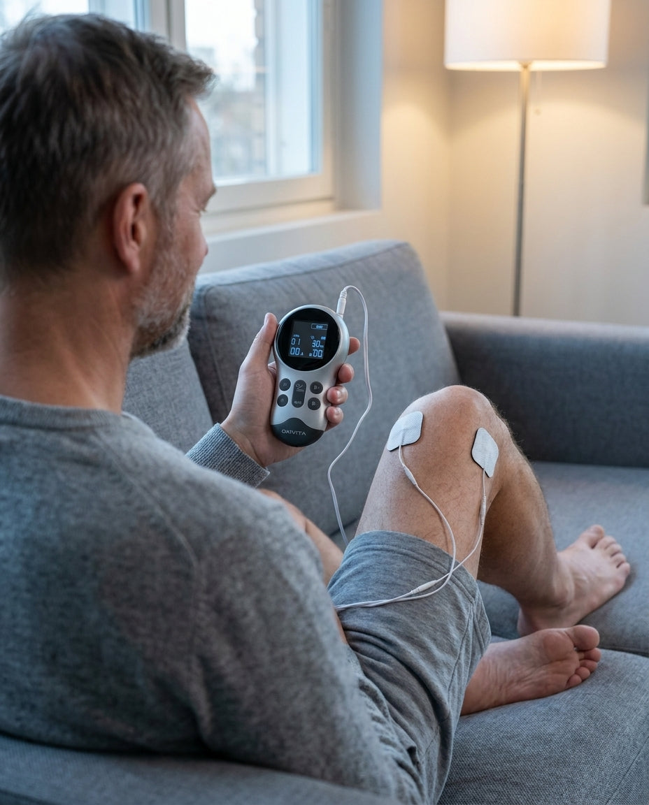 Mann bruker Oxivita Pulse T1 TENS-apparat med elektroder på kneet mot smerter hjemme i sofaen